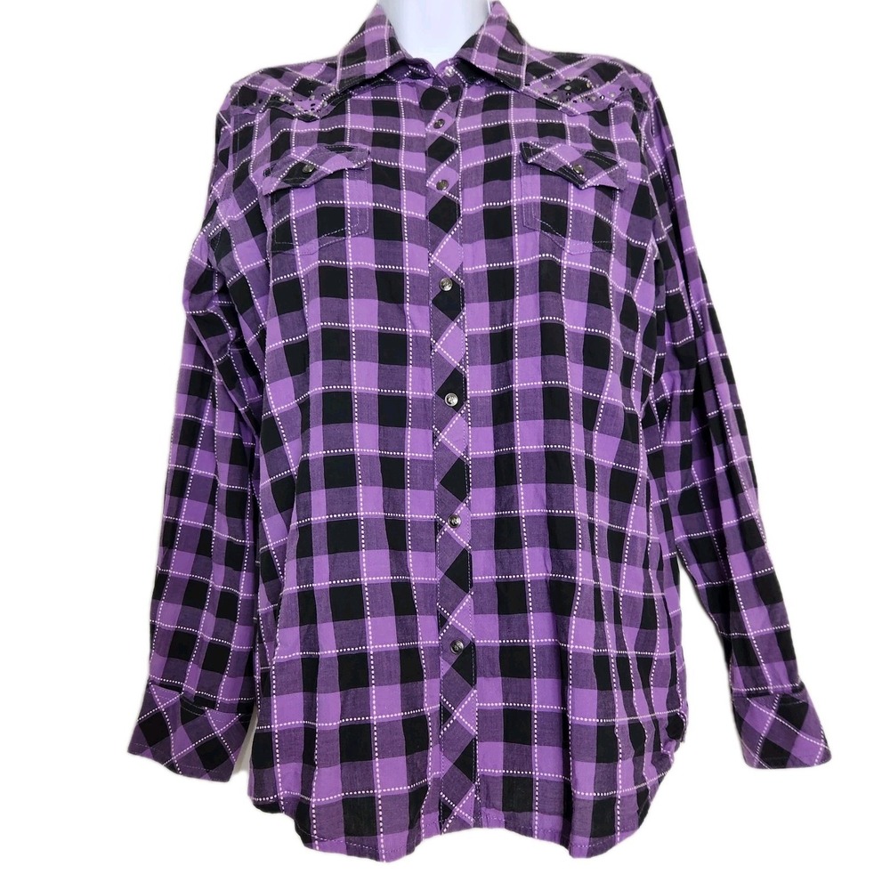 Wrangler Rock 47 Purple Plaid Western Snap Shirt Embroidered Cowgirl Womens Sz M